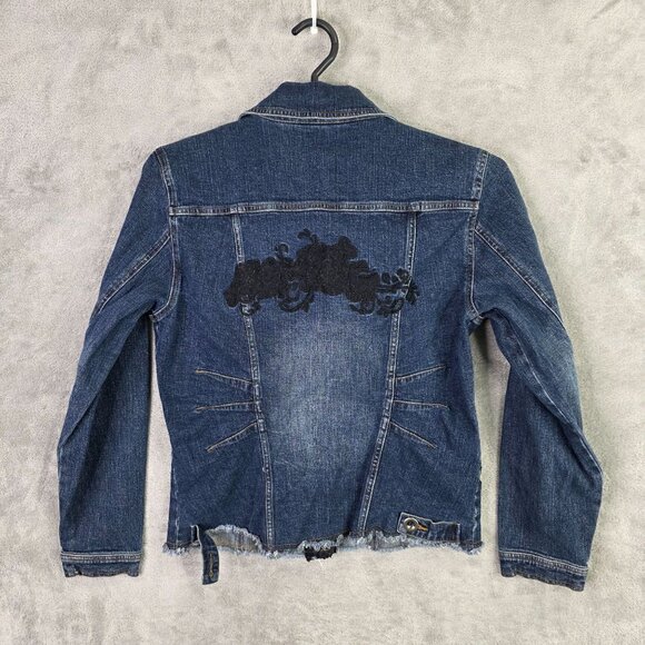 Womens Ann Trinity Blue Denim Jacket Lace Appliqué & Crystal Buttons Cotton S - Picture 5 of 10